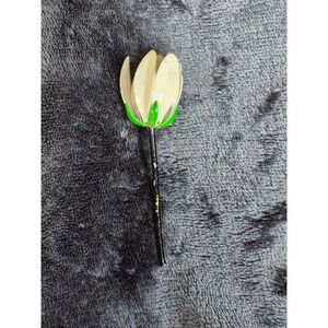 Vintage Enamel Flower Brooch White‎ Tulip Bud Green Leaf Black Stem Pin 1960s